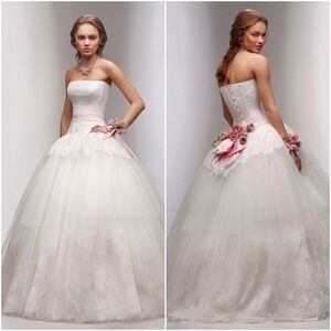 FLORENCE corset wedding dress 42 S IVORY rose wind PINK flowers LACE Bride HAPPY